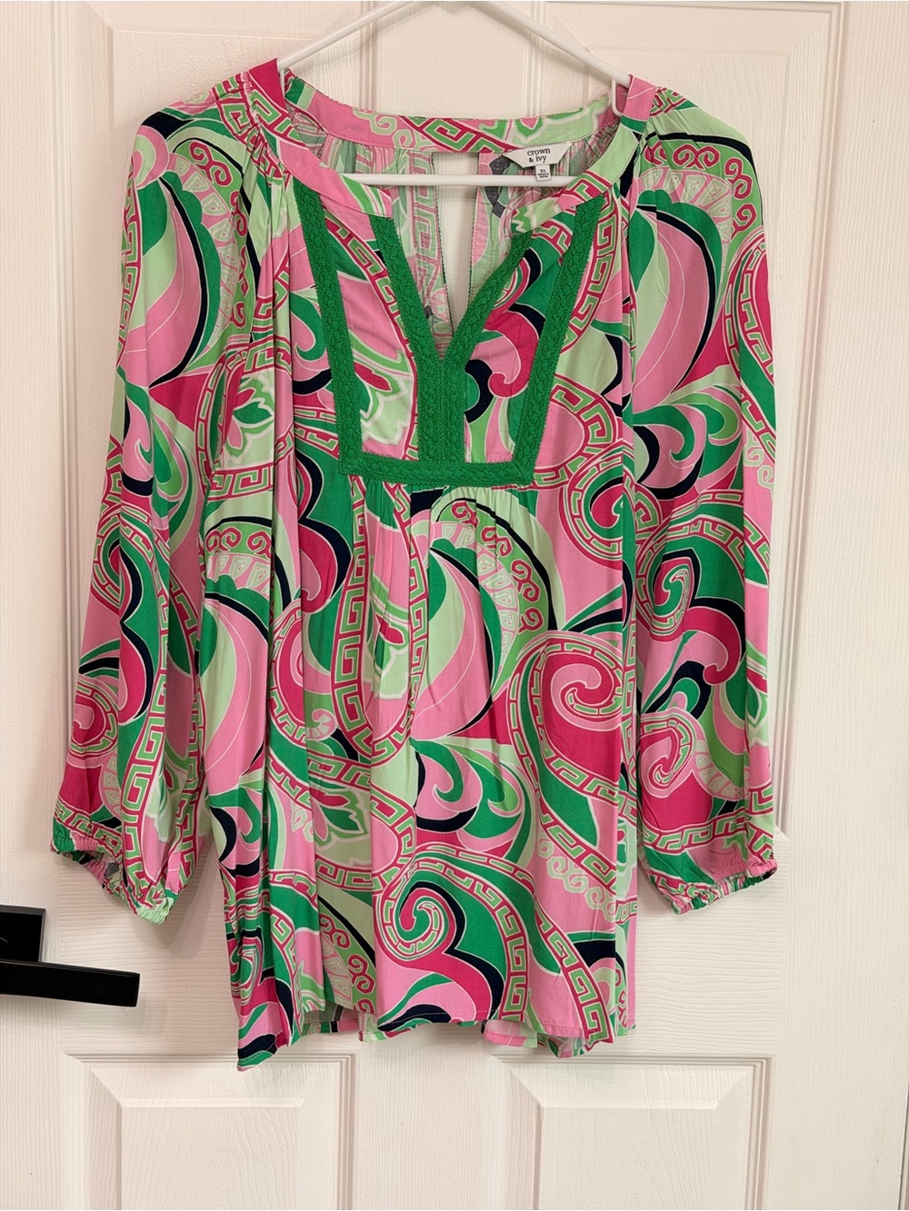 New Crown & Ivy 3/4-sleeve tunic blouse Size XL Retro Print Pink Green Soft Cute